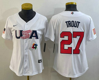 Women%27s USA Baseball #27 Mike Trout 2023 White World Classic Replica Stitched Jersey